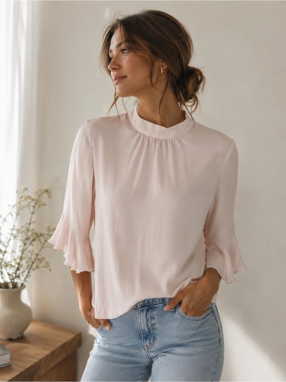 H&M Elegant Women’s Blush Pink Ruffle-Sleeve Top